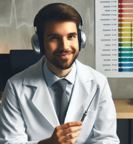 An audiologist performs a hearing test