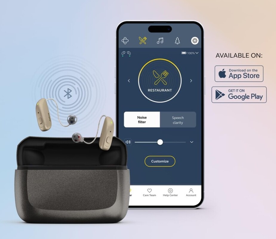 This image shows that the Jabra Enhance select 500 otc hearing aid has bluetooth connectivity as well as an app to customize various features on your hearing aid