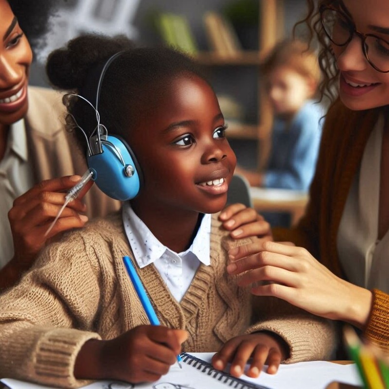 This image shows a child with a hearing aid getting  support and care from his school