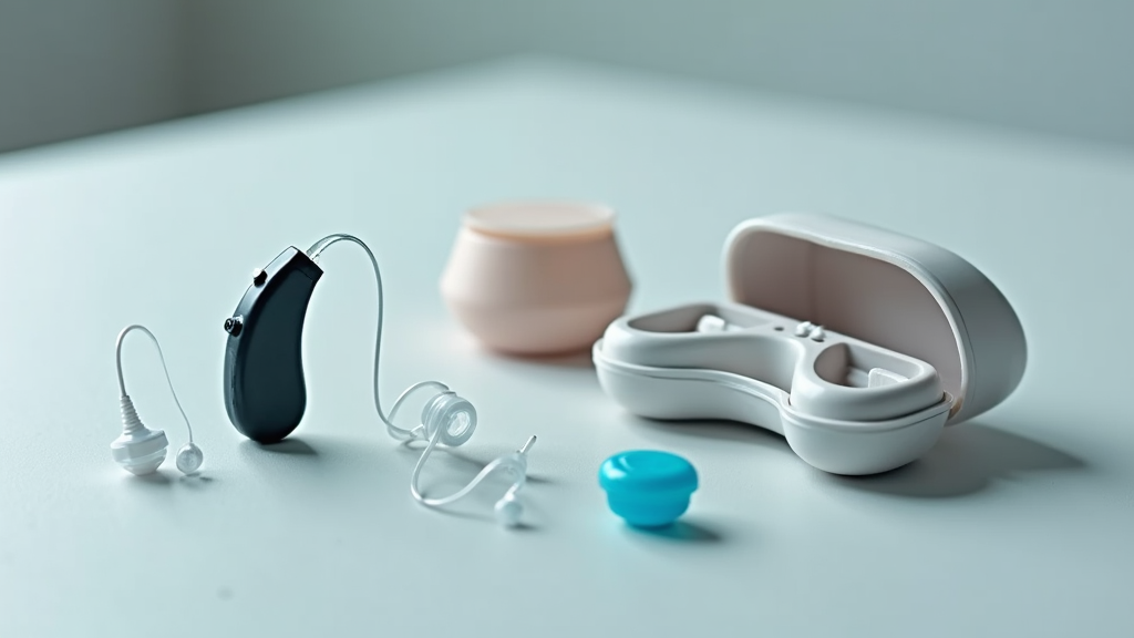 Various hearing aid accessories displayed