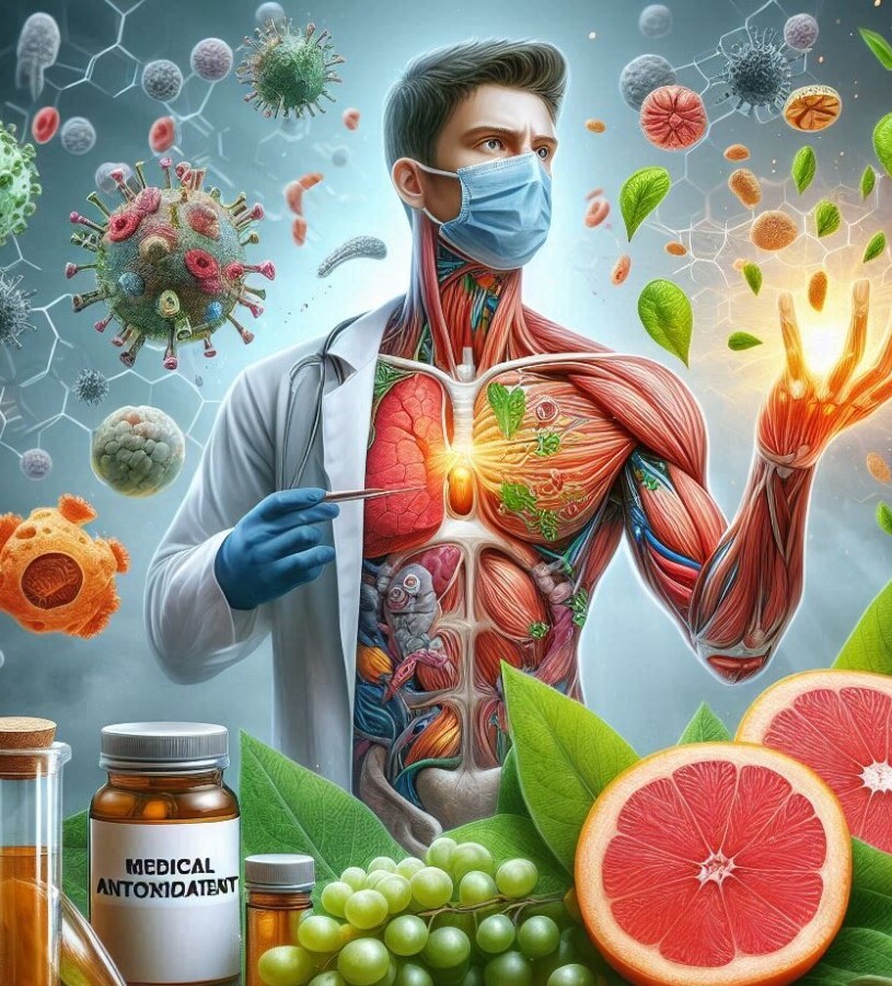 This image shows an antioxidant fighting off free radicals in the body