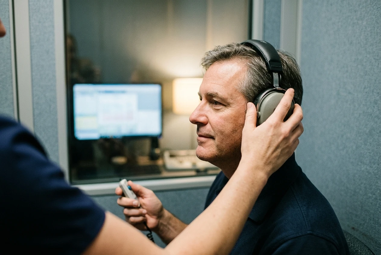 Close view of an audiologist's hands fitting padded headphones over a middle-aged man's ears in a sound-treated booth, a response button in his hand, soft grey-blue walls and warm lamp light, a computer screen blurred in the background.