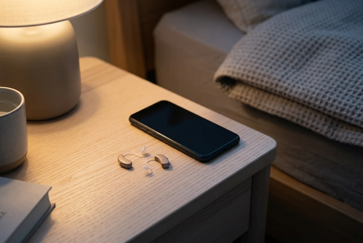 A pair of small behind-the-ear hearing aids with open-fit thin tubes resting beside a smartphone on a pale wooden bedside table at dusk, a lamp glowing softly, a folded blanket nearby, suggesting a quiet night with sound masking.