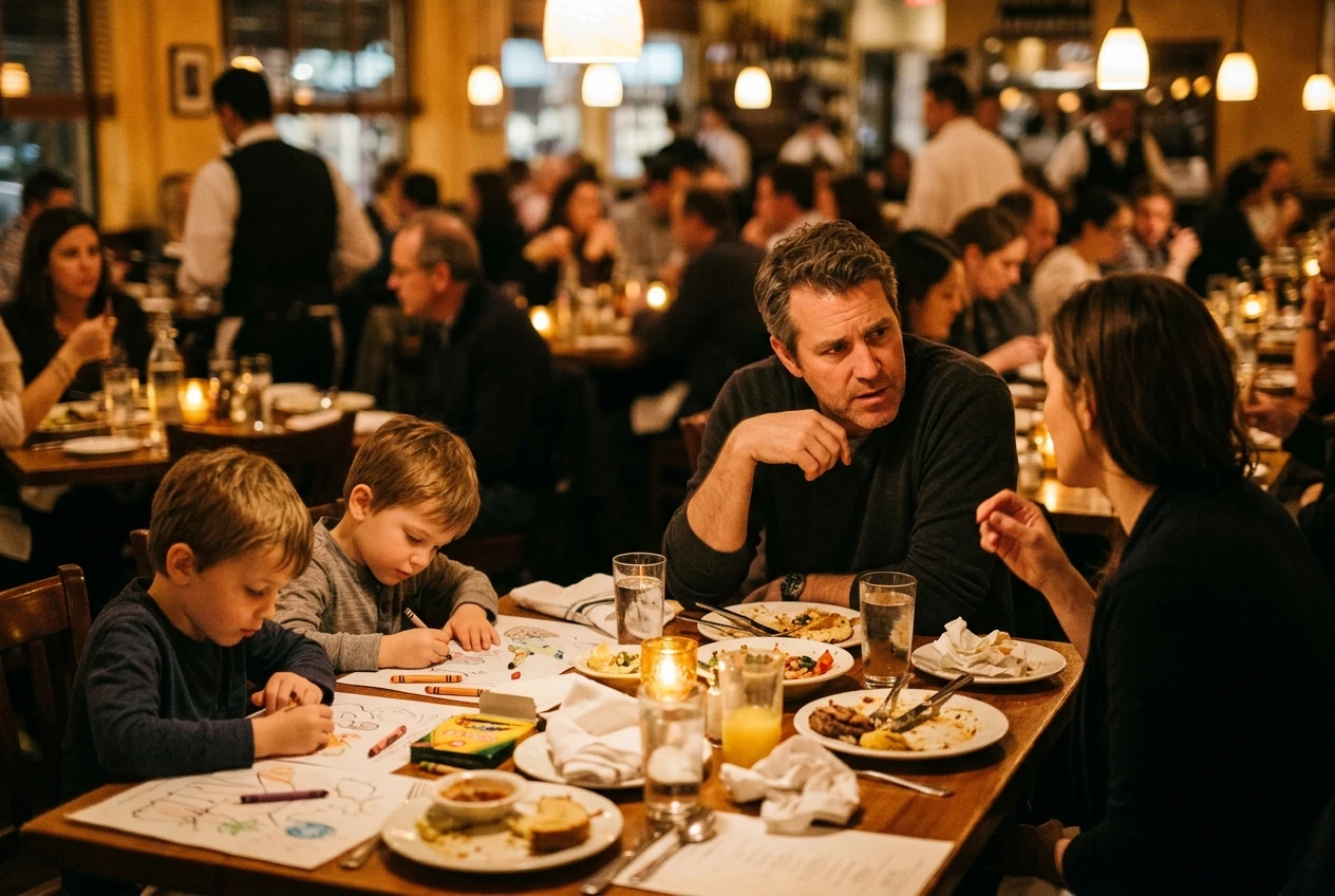 A busy restaurant table in warm amber light, a man in his mid-forties leaning slightly toward his wife while two children colour on paper placemats, plates and glasses crowded around them, background diners blurred, conveying the effort of following one voice amid noise.