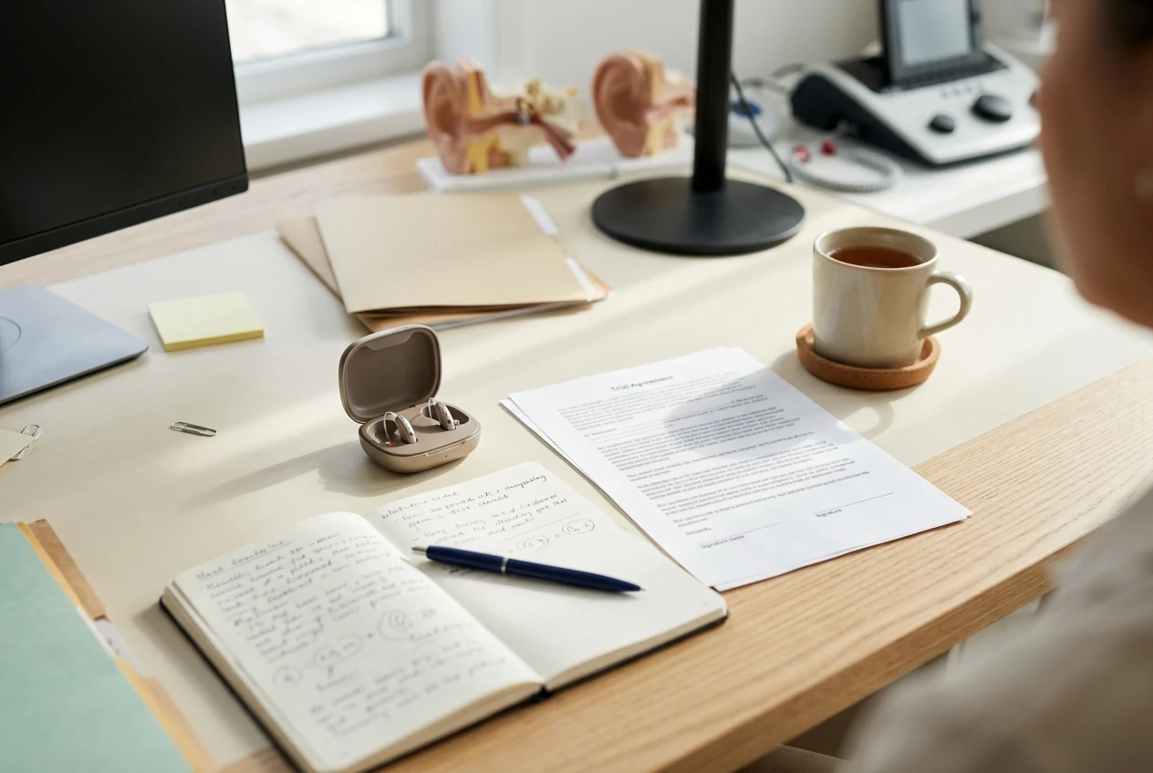 An audiologist's desk with a hearing aid in a small open charging case, a handwritten notebook with a pen, a printed trial agreement and a cup of tea, daylight from a window falling across the neutral cream and wood surfaces.