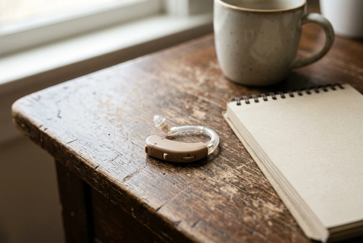 A small beige analog behind-the-ear hearing aid with a visible thumb-sized volume wheel resting on a worn wooden desk beside a mug and a notepad, soft window light, warm neutral tones, shallow depth of field.