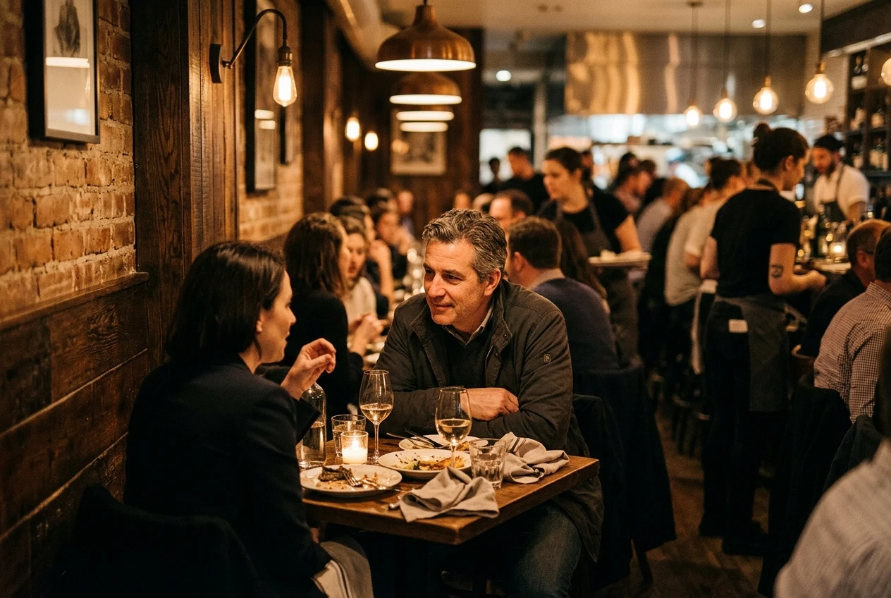 A busy restaurant with warm amber lighting and hard surfaces, a middle-aged man seated with his back to the wall leaning in to listen to a woman across the table, other diners blurred in the background.