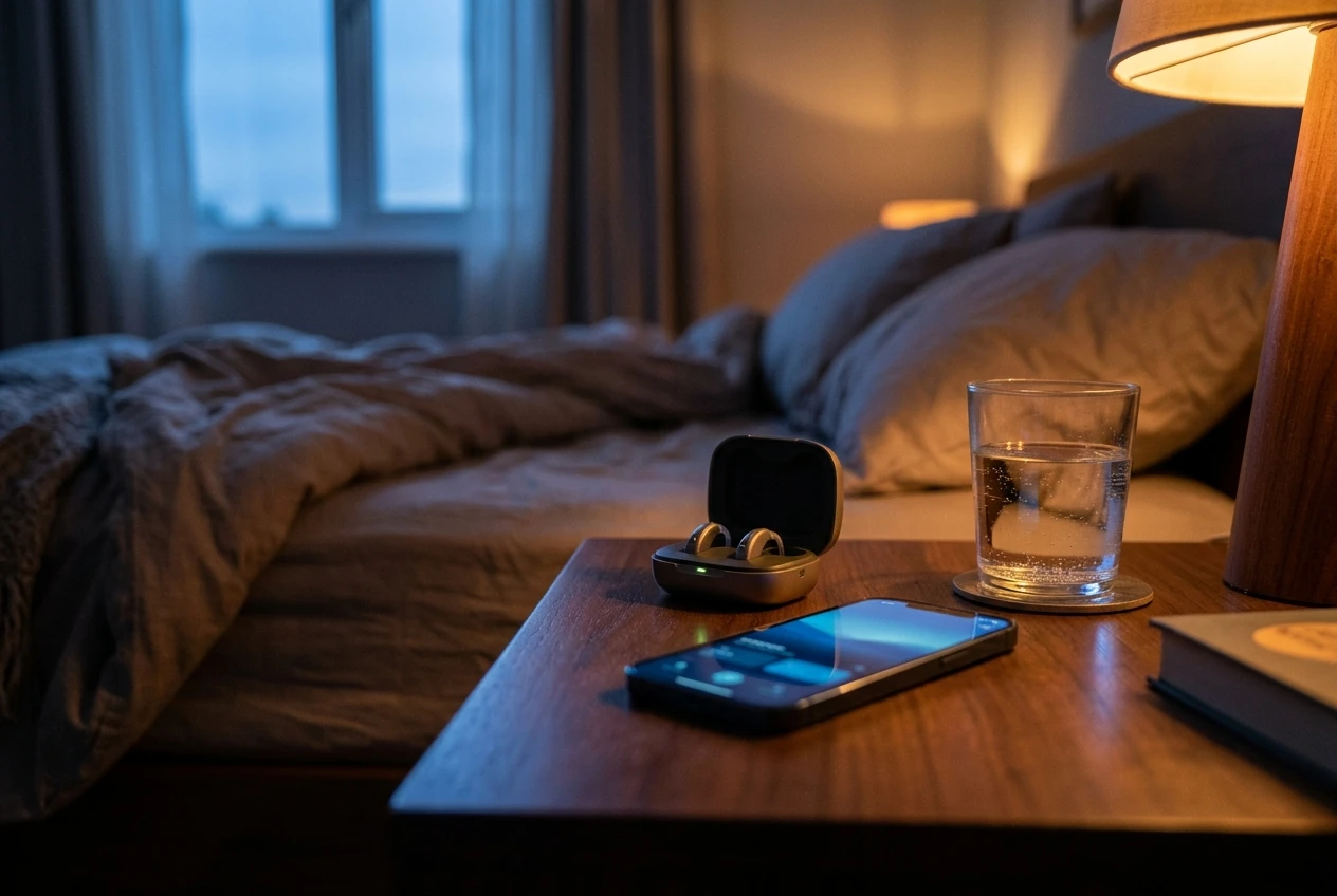 A quiet bedroom at dusk with a bedside table holding a pair of hearing aids in an open charging case and a phone showing a calm blue glow, a glass of water beside them, muted blue and warm lamp tones suggesting a soothing night-time sound routine.