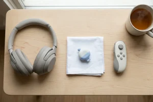 A flat-lay on a pale wooden table in soft daylight: a pair of wireless over-ear headphones, a small rounded mouth-held tongue tip on a clean white cloth, and a compact handheld co