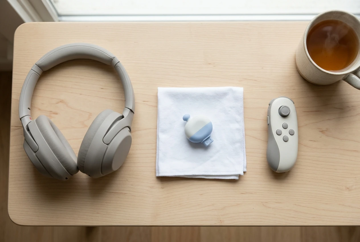 A flat-lay on a pale wooden table in soft daylight: a pair of wireless over-ear headphones, a small rounded mouth-held tongue tip on a clean white cloth, and a compact handheld controller, arranged neatly side by side with a mug of tea at the edge of the frame.