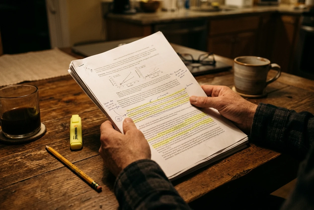 A man's hands holding a printed stack of stapled research papers on a kitchen table, with a pencil and yellow highlighter, margins marked with handwritten notes, warm evening lamplight and a cold coffee beside them.