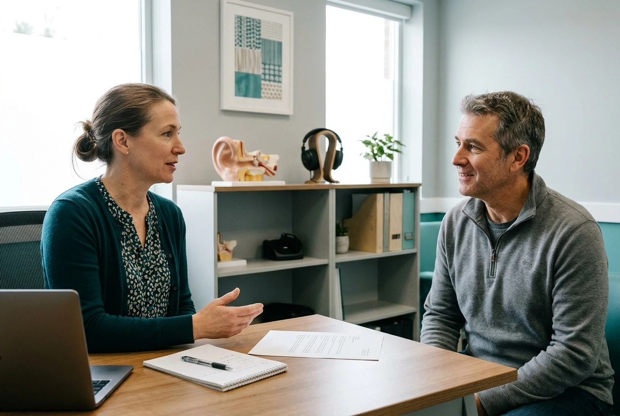 A bright audiology clinic consulting room: a clinician and a middle-aged man sit across a desk, with a printed quote and a notepad between them, a model of an ear and a pair of headphones on a shelf behind, soft neutral greys and teal tones.