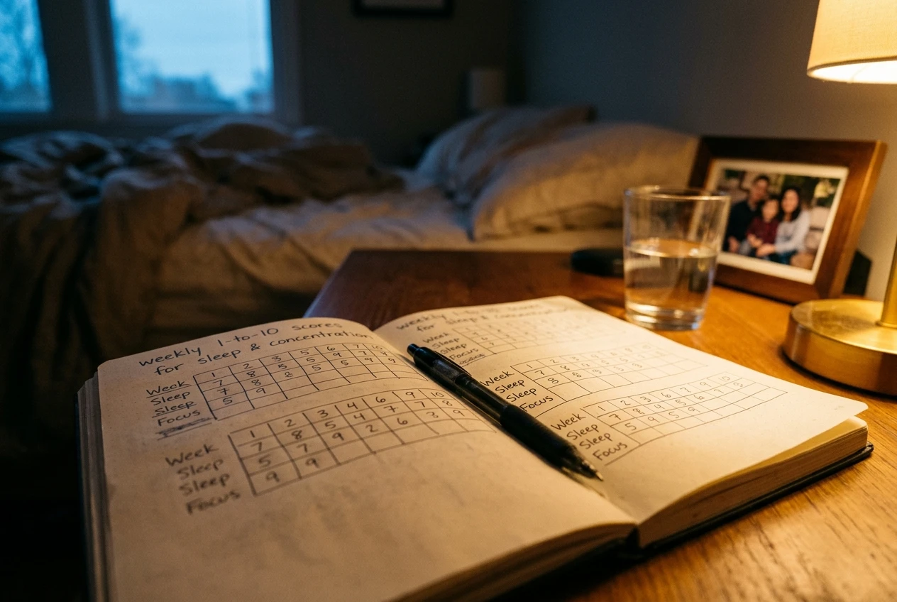 A handwritten notebook open on a bedside table at dusk, with a pen resting across a page of weekly 1-to-10 scores for sleep and concentration, a glass of water and a small lamp casting a warm glow, a family photo softly blurred in the background.